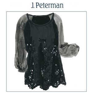 J. PETERMAN Sequin Front Blouse, Black, Embroidery, Sheer Sleeves, Sz 6